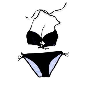 NWT black clamshell bikini supportive halter top & swim bottom set